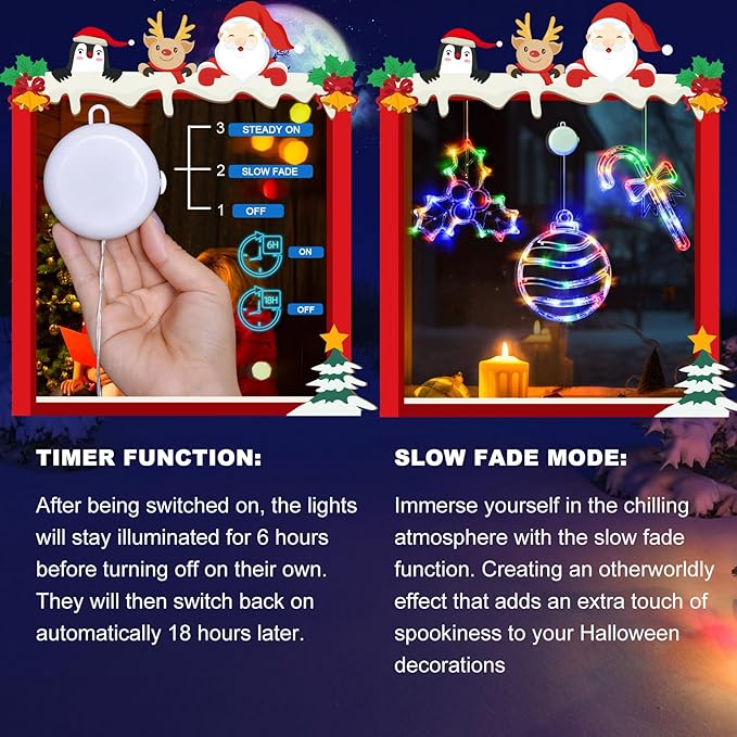 LOLStar Christmas Window Lights, 3 Pack Multicolor Christmas Ball, Holly Berry, Candy Cane LED with Suction Cups, Timer & Slow Fade, Battery Operated(Excluded) Christmas Decorations Light Up for Home