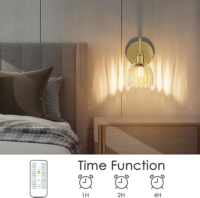 2 Pack Battery Powered Wall Sconce with Amber Tulip Glass Lampshade, Rechargeable Dimmable LED Wall Sconce for Living Room, Hallway, Bedroom, Dining Room