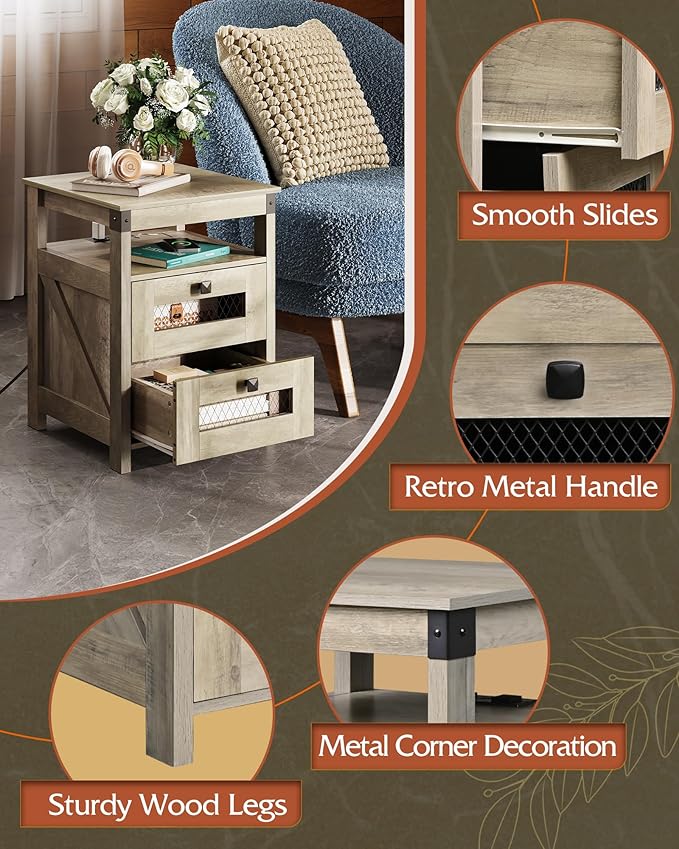 WLIVE Nightstand with Charging Station, Farmhouse End Table, Bed Side Table with 2 Storage Drawers and Open Shelf, Wood Rustic Nightstands for Bedroom, Living Room, Greige