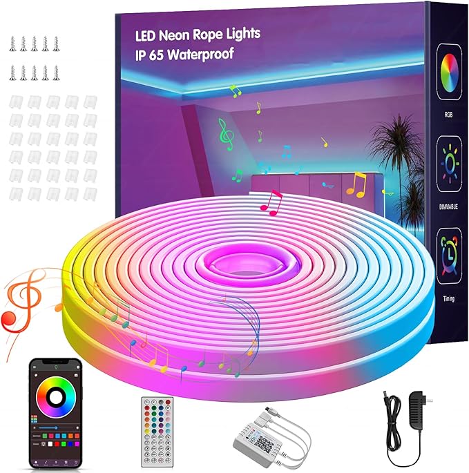 32.8FT Led Neon Rope Lights Music Sync, RGB Led Strip Lights Outdoor, Neon Led Light Strip with Remote & App Control, DIY Flexible Led Lights for Bedroom, Gaming, Party, Room Decor Aesthetic