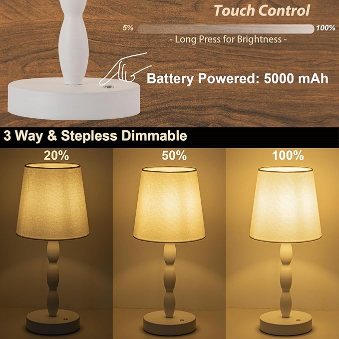 CASTLELIFE Portable Cordless Table Lamp,Touch Desk Lamp Rechargeable Battery Powered, 3-Level Brightness Stepless Dimmable Bedside Night Lamp,for Bedroom/Restaurant/Bars/Outdoor, Bulb Included, White