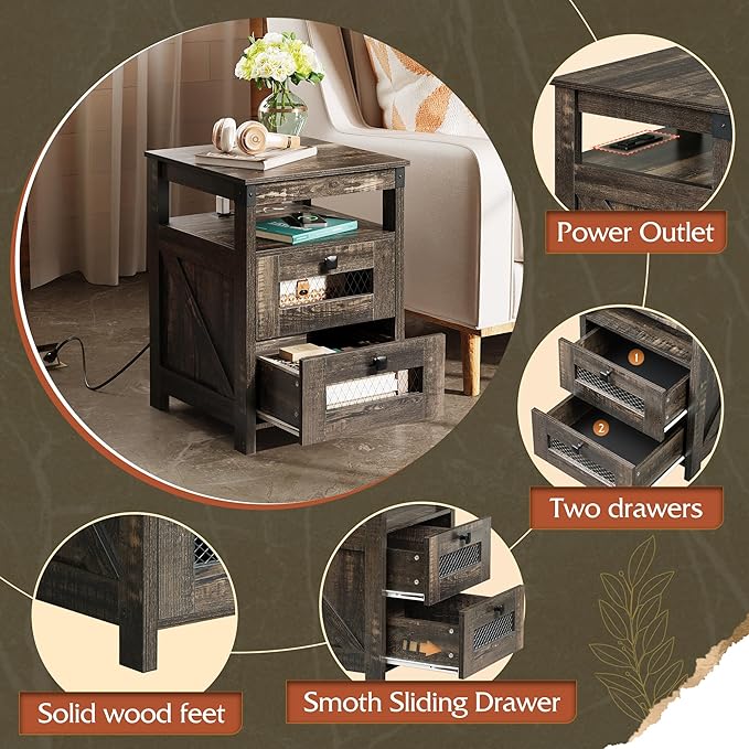WLIVE Night Stand with Charger Station, End Tables Bedroom, Living Room, Bed Side Table with 2 Wooden Storage Drawers, Farmhouse Nightstand with USB Ports and Outlets, Dark Rustic Oak