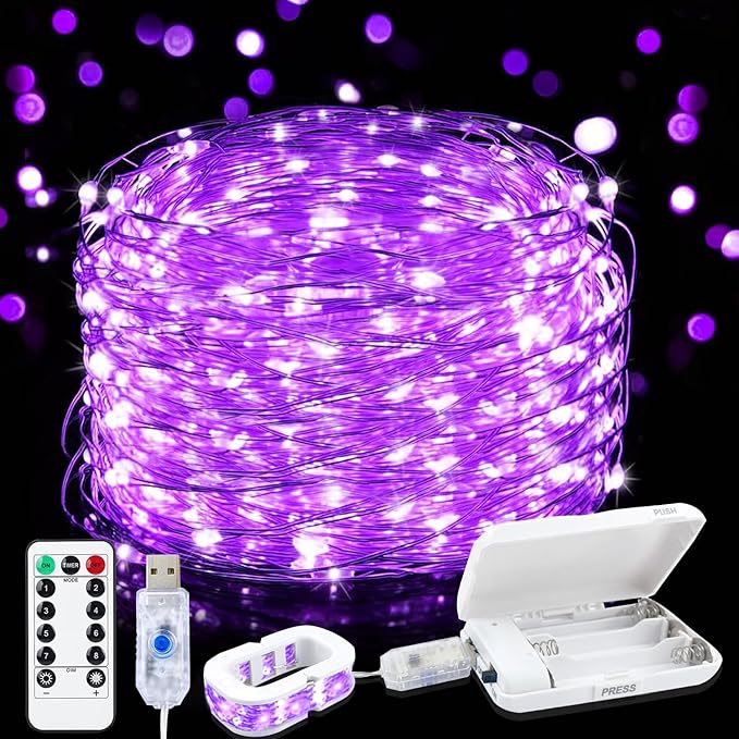 Aogist 2-Pack 50LED Fairy Lights 16ft Dual Power(USB/Battery) with Remote & Timer, 8 Modes Flexible Copper Wire Waterproof String Lights for Outdoor Christmas Wedding Bedroom Party Decor,Purple