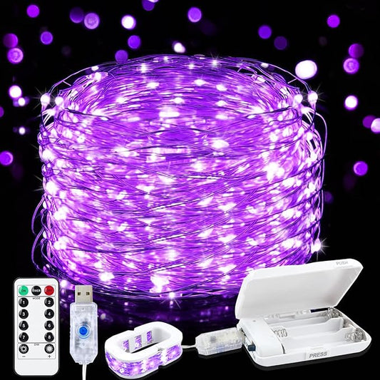 Aogist 2-Pack 50LED Fairy Lights 16ft Dual Power(USB/Battery) with Remote & Timer, 8 Modes Flexible Copper Wire Waterproof String Lights for Outdoor Christmas Wedding Bedroom Party Decor,Purple