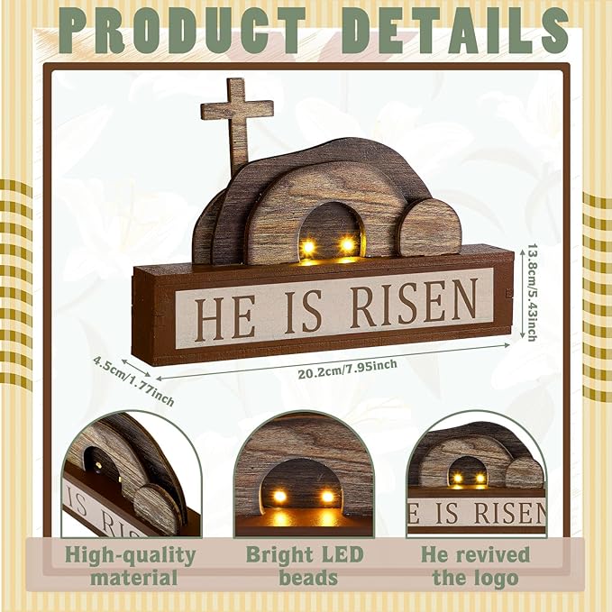 Yousoontic Empty Tomb Easter Scene and Cross Decoration He Is Risen Decor with Light String Wood Easter Tabletop Sign Christian Table Centerpiece Resurrection Scene Jesus Nativity Religious Home Decor