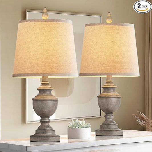PARTPHONER Retro Table Lamps Set of 2, Bedside Lamp for Bedroom Rustic Farmhouse Table Lamps for Living Room, 22" Vintage Nightstand Lamps with White Shades, Antique Grey