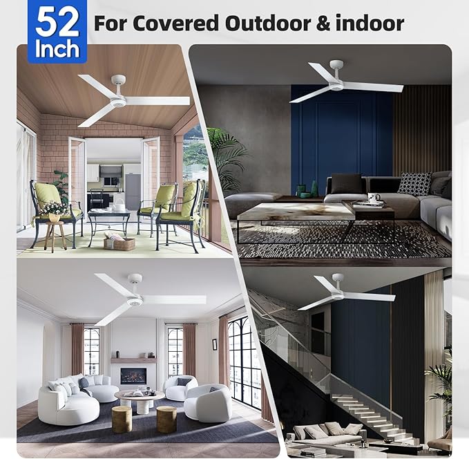 TALOYA 52 inch Modern Ceiling Fan with Lights,Remote Control,3 Metal Blades,White Finish,6-Speed,Dimmable, Noiseless Reversible DC Motor,Indoor/Outdoor Ceiling Fan for Living Room Bedroom patio