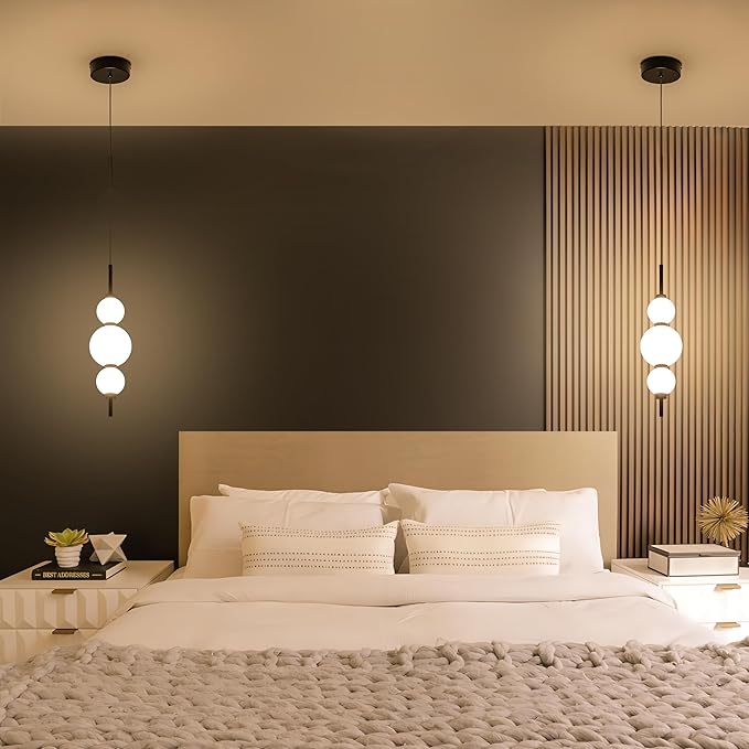 Modern Pendant Lights, Globe Pendant Lights with white Glass,Dimmable Black Pendant Light Fixtures,Adjustable Indoor Hanging Light Fixture for Kitchen Island, Dining Room,bedroom,15W,3000K-6000K