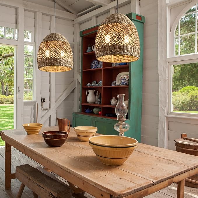 2-Light 13” Rattan Pendant Light, Boho Hand-Woven Light Fixtures, Natural Seagrass Wicker Rattan Hanging Chandelier for Farmhouse Kitche Dining Living Bedroom Foyer