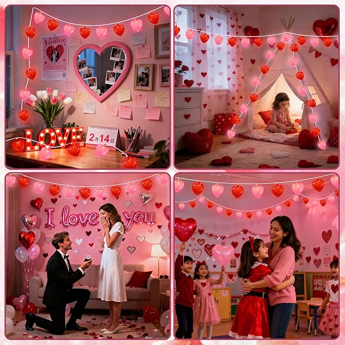 8.5Ft Valentines Day Decorations, Red & Pink Heart String Lights with 10 LED Clear Red and Pink Heart Lights, Connectable Romantic Valentine's Day Light for Wedding Valentine Anniversary Party