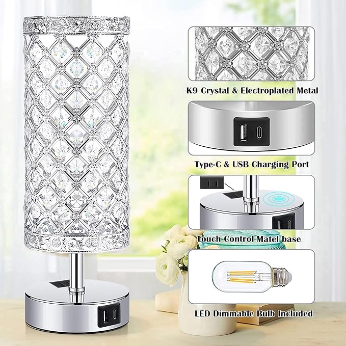 Silver Crystal Table Lamp, Bedside Nightstand Desk Lamp Touch Control Night Light Women Bedroom Decor Bling Lamps with 4 USB Ports & Bulb Included for Home, Office, Living Room