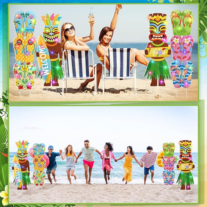 Bencailor 4 Pcs Hawaiian Luau Decoration Outdoor Totem Yard Signs with Stakes LED Large Aloha Tropical Themed Party Supplies Bar Decor for Outdoor Lawn Garden Beach Sand(Hawaiian)