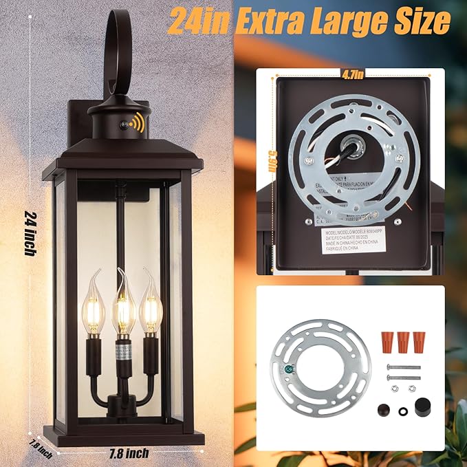 24" Dusk to Dawn Outdoor Wall Sconce: Bronze Large Porch Light 3-Light Waterproof Modern Exterior Lighting Fixture Wall Mounted, Outside Lamp for House Garage E12