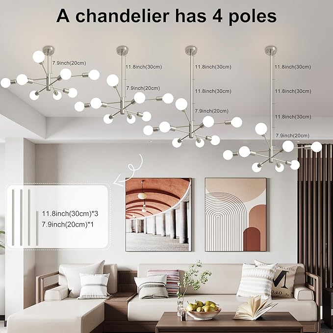 Brushed Nickel Chandeliers Modern Sputnik Chandelier 8-Light Mid Century Ceiling Lighting Fixture for Living Room, Kitchen, Bedroom, Dining Room, and Farmhouse