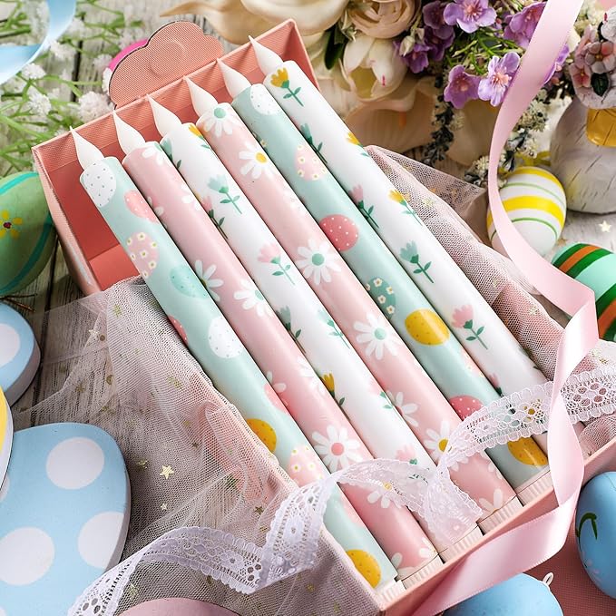 Honoson 6 Pcs Easter Flameless Taper Candles 10.6 Inch Colorful Candles Battery Operated LED Candlesticks for Easter Centerpieces Dinner Table Home Party Decor