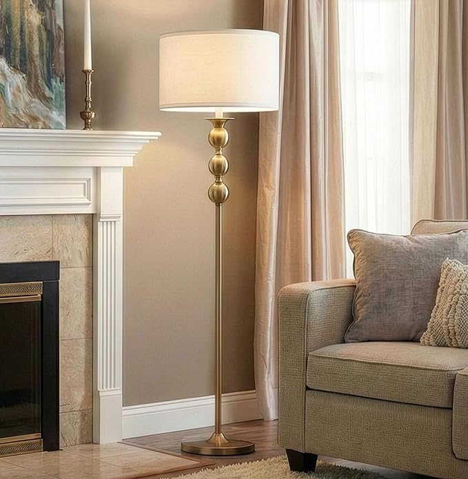 Brightech Riley 60" Floor Lamp, Elegant Modern Standing Lamp with Drum Shade, Boho Chic Mid-Century Living Room Décor, Classy, Traditional Art Deco Corner Floor Lamp for Bedroom, Office - Gold/Brass