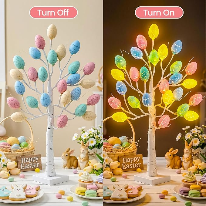 Easter Decorations - 2 FT Artificial Birch Tree with 24 Warm Led Light Colorful Eggs - Easter Tree Decor for Office Home Bedroom Table Mantel, USB or Battery Powered