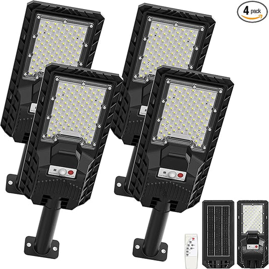 Solar Lights Outdoor Waterproof - 6500K Solar Street Lights Outdoor IP66 Waterproof LED Flood Light with Motion Sensor and Remote Parking Lot Lights Dusk to Dawn for Backyard/Outside/Garage 4Packs