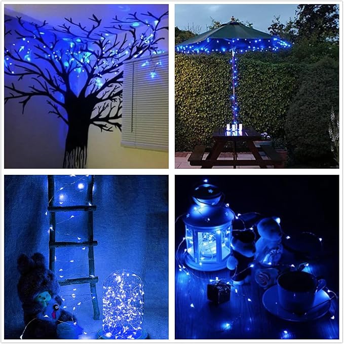 Blue Battery Operated LED String Lights 7Ft 20 LED Silver Copper Wire Fairy Ambiance Lighting for Home Bedroom Patio Camping Halloween Diwali Christmas Decoration-2Pack