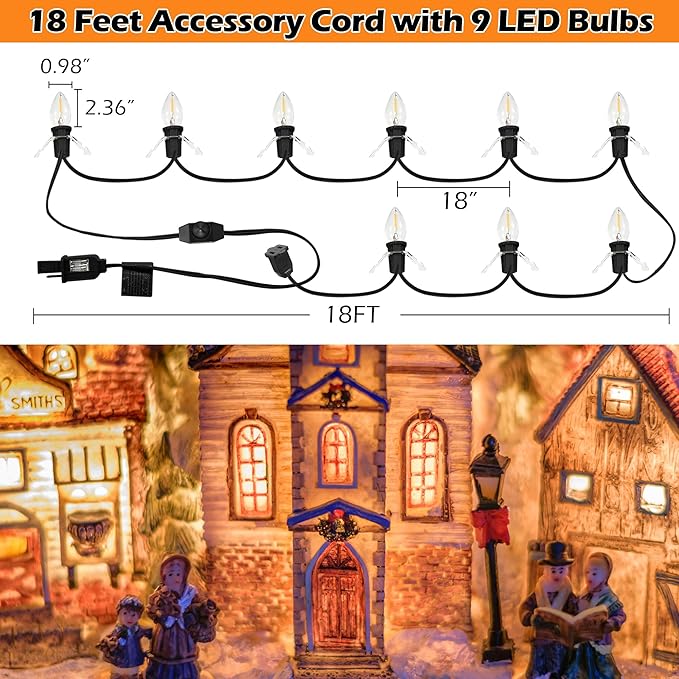 Meonum Christmas Village Lights Cord with Dimmer, C7 LED Lights with 2 Spare Fuse & 9 LED Bulb, Blow Mold Light Cord for Christmas Houses Villages, Holiday Craft Decorations, Night Light(Black)