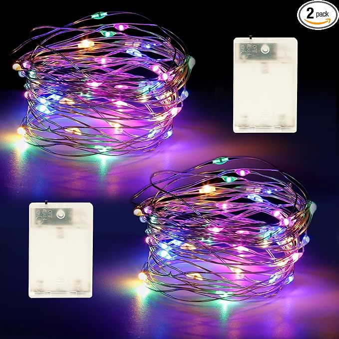 Fairy Lights Battery Operated String Lights 16.4ft 50LED Flashing and Constant Light Waterproof Silver Wire for Christmas DIY Party Wedding Decoration (Multicolor, 2 Pack)