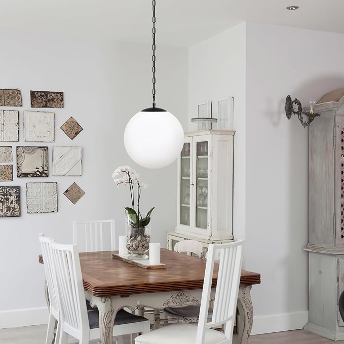 KoKo&Yukina 13.7" Black Globe Pendant Light Mid Century Pendant Light Milk Glass Pendant Lights Kitchen Island Adjustable Hanging Light Fixture for Dining Room Bedroom Kitchen Island