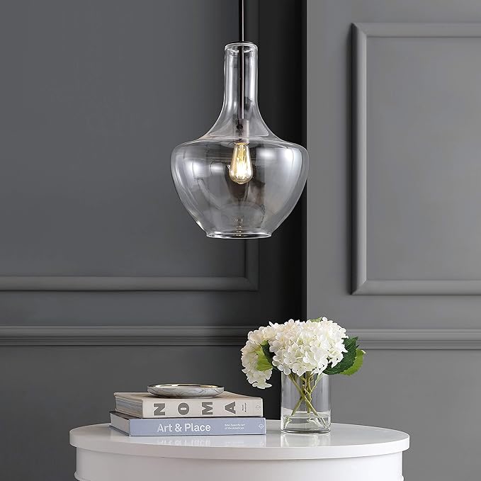 JONATHAN Y JYL6401B Watts 13.25" Glass/Metal LED Pendant Farmhouse Contemporary Transitional Dimmable Dining Room Living Room Kitchen Foyer Bedroom Hallway, Oil Rubbed Bronze/Clear