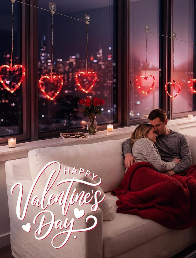 woohaha Valentine's Day Window Lights,3 30LED Heart Curtain String Lights USB/Battery Operated,Hanging Light for Indoor Outdoor Bedroom,Room,Wall,Party,Holiday,Wedding Decorations(Red)