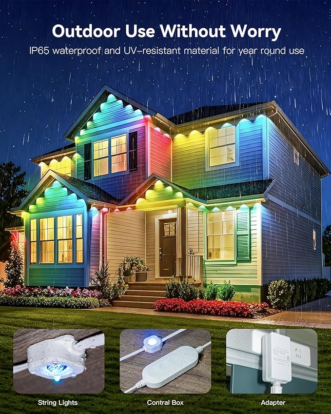 Ollny 50FT 30LED Permanent Outdoor Lights, APP Control RGB Outdoor Lights 100 Scene Modes with Remote, DIY Music Modes Christmas Light for Holiday Xmas Halloween Decorations