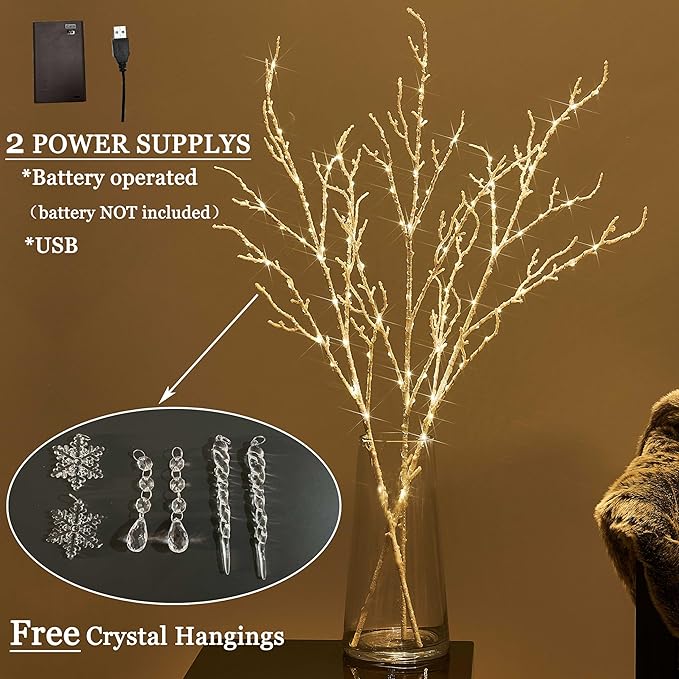 LITBLOOM Lighted Willow Branches Iredescent Glittered 32IN 120 LED with Timer Battery Operated and USB Plug in, Tree Branch with Fairy Lights for Home Room Christmas Decoration