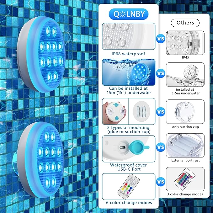 Rechargeable Pool Lights Submersible LED Lights with Remote, IP68 Waterproof Underwater Lights,16 Color Changing Floating Light with Magnet, Suction Cups for Pool,Pond,Party (2-Pack)