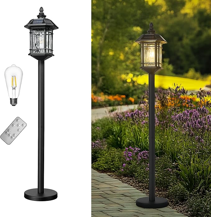 Emliviar Outdoor Solar Floor Lamp with Remote Control, Waterproof Solar Powered Path Lighting in Black Finish, LED Portable Street Light with Water Grain Glass, 2084PL-ML SL BK