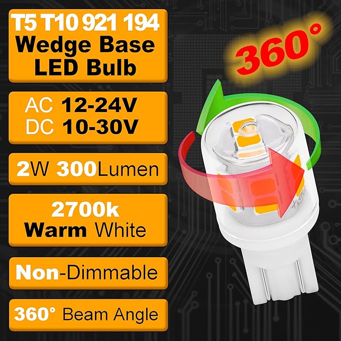Low Voltage T5 T10 LED Bulbs 2 Watt Equivalent 11W 18W Warm White 2700K 300 Lumen AC/DC 12-24V 921 194 Wedge Base LED Bulb for Outdoor Landscape Walkway Lawn Path Step RV Camper Lights, 10 Pack