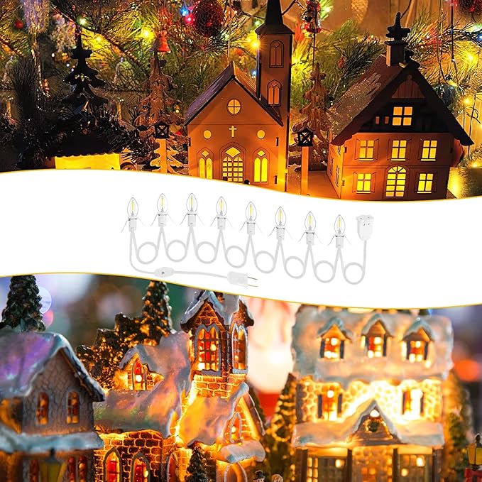 1Pack Accessory Cord with 8LED Light Bulbs and Outlet Christmas Village Light 14.7FT White Cord with Spare Fuse Warm White C7 Lamp Christmas Village Accessories for Village Houses Craft Decoration