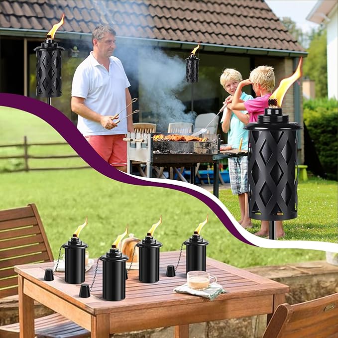 Upgraded 60 Inch Citronella Torches for Outside Set of 4, 16 Oz Outdoor Garden Torches with 5-Prong Grounded Stake, Metal Torch for Garden Décor, Outside Torches for Backyard, Garden, Patio
