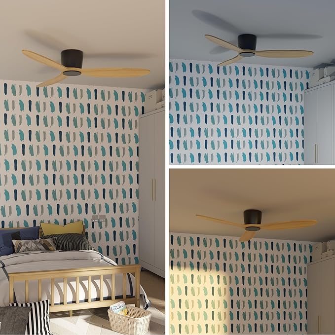 Flush Mount Ceiling Fan no light with Remote, 52 inch Low Profile Wood Ceiling Fan without light for Outdoor, Bedroom, Natural Wood and matte Black, DC Motor, 6 Speed