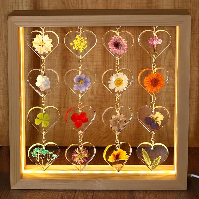SMUK Resin Dried Flower LED Aesthetic Desk Lamp, Unique 3 Way Dimmable Natural Pressed Flower Table Lamp with Wooden Frame for Desk, Table, Nightstand, Bedroom, Living Room, Office