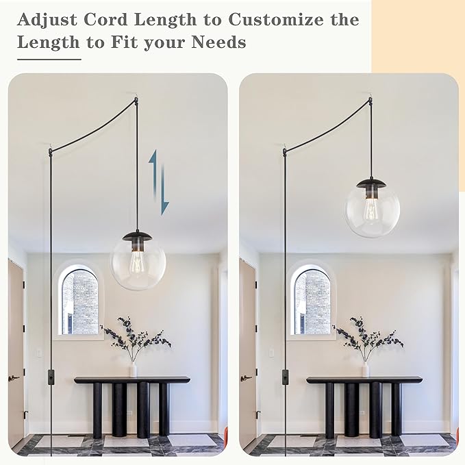 KoKo&Yukina 10" Globe Pendant Light Black Plug in Pendant Light Adjustable Hanging Lights with Plug in Cord Matte Black Finished with Clear Glass Lampshade for Bedroom Kitchen Island（Bulb Included）