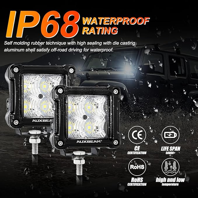 Auxbeam FA Series 3 Inch LED Pods Flood Beam 40W 4800LM Offroad Cube Light Bar Square Ditch Lights Backup Reverse for Trucks, ATVs, UTVs, Jeeps, Cars, Motorcycles, Pair