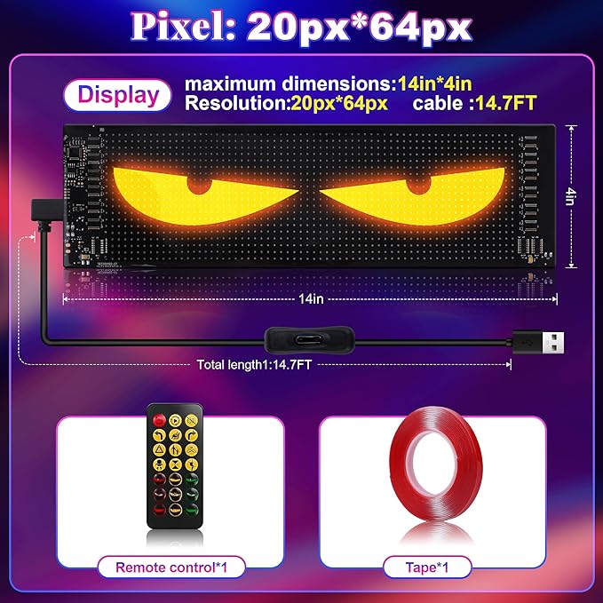 Multi-Panel Sync Car Eyes Display 64x20 LED Sign (14"x4.3") | USB 5V Programmable Scrolling Text/Animation | APP + Remote for Car/Store Ads（1pcs）