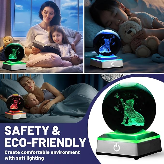 3D Crystal Ball Night Light with LED Colorful Touch Base - Cat Lover Gifts for Women & Teens, 3.15 In Cat Figurines Glass Sphere Lamp for Birthday, Christmas, Home Decor