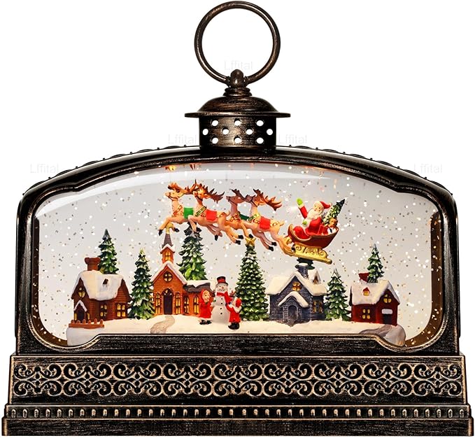 Christmas Snow Globes Village Snow Globe Lantern, Lighted Christmas Decorations Indoor for Home with Music Timer Glitter, Santa Claus Scene Musical Festival Gifts, USB & Battery Operated