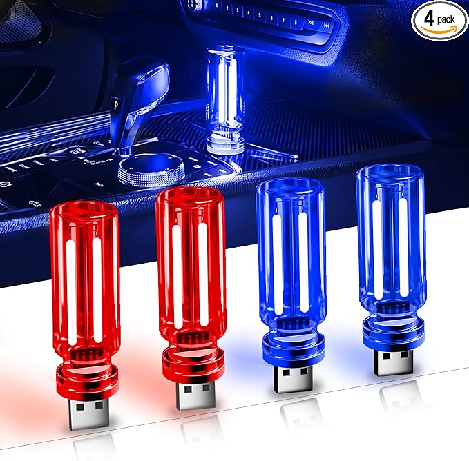 USB Car Night Light,Touch Dimmable Mini LED Lights,Portable Retro Glass Bottle Decorative Lights for Car Interior, Bedroom,Hallway & Party Decor,4-Pack (2Red&2Blue)