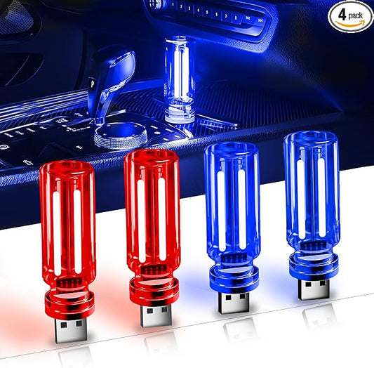 USB Car Night Light,Touch Dimmable Mini LED Lights,Portable Retro Glass Bottle Decorative Lights for Car Interior, Bedroom,Hallway & Party Decor,4-Pack (2Red&2Blue)