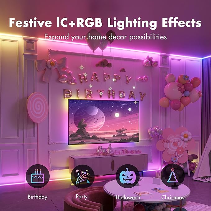 Led Lights for Bedroom 100FT Smart IC+RGB, Music Sync Color Changing Strip Lights, 24Key Remote+App Control Light Strip for BedHead,Underbed,Ceiling,Background Wall(2Rolls of 50FT)