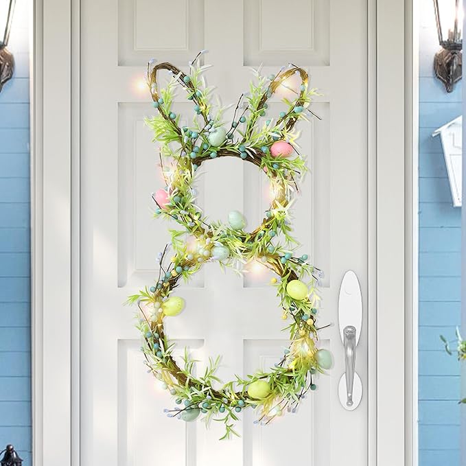 [Timer] Easter Bunny Wreath for Front Door, Lighted Easter Wreaths with 30 LED Warm Lights, Foldable Bunny Wreaths, Pre-Lit Easter Egg Wreath for Spring Decor