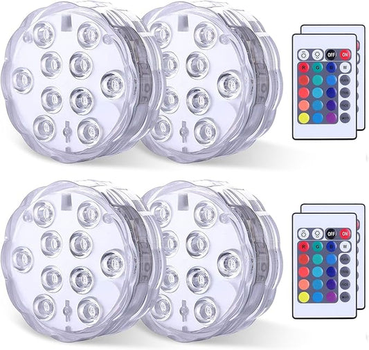 Submersible LED Lights Remote Control, RGB Multi Color Changing Waterproof Light for Pool, Vase Base, Spa, Aquarium, Pond, Hot Tub, Decoration, Party, 4-Pack