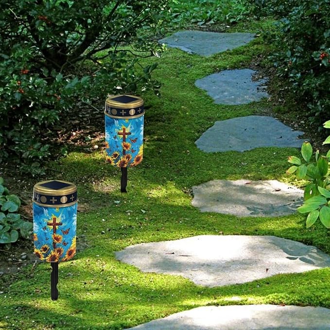 Light for Prayer Cemetery Sunflower Solar Lights for Grave Cemetery Candle Lamp Corss Grave Lights Garden Cemetery Decor Memorial