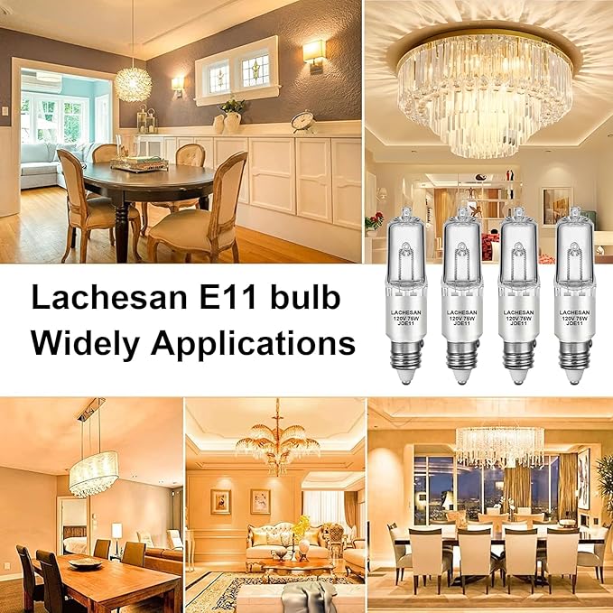 JDE11 120v 50w, E11 Halogen Light Bulb,Dimmable T4 Mini Candelabra Base(Replacement E11 Led Bulb), 2700K Warm White for Chandeliers, Ceiling Fan, Table Lamps, Cabinet Lighting, 4 Pack