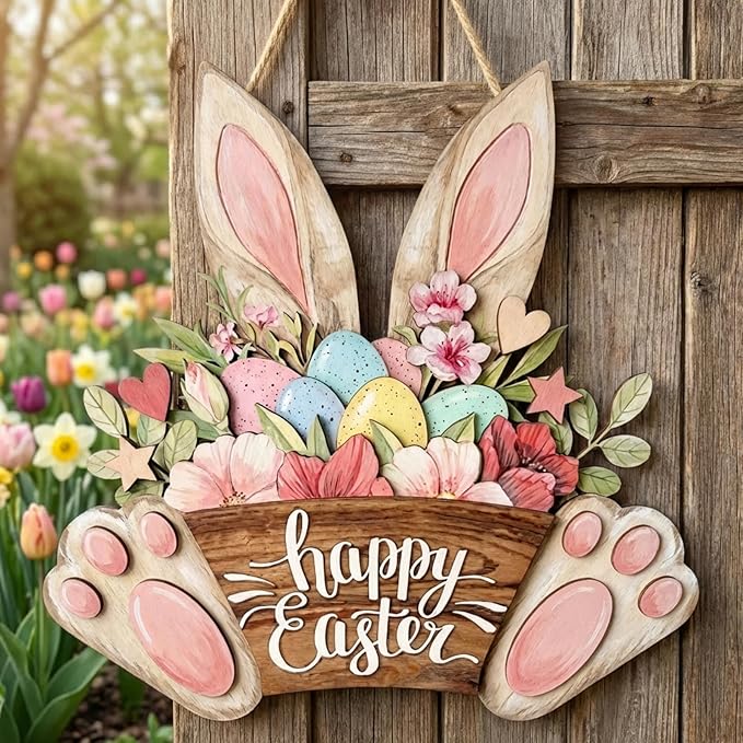 Happy Easter Door Decorations Hanging Sign for Decor for Frontdoor 11.8 Easter Eggs Hanging Plaque Bunny Rabbit Sign Wall Hanger Floral Spring Decor for Front Door Porch Yard Wall Home Decorations
